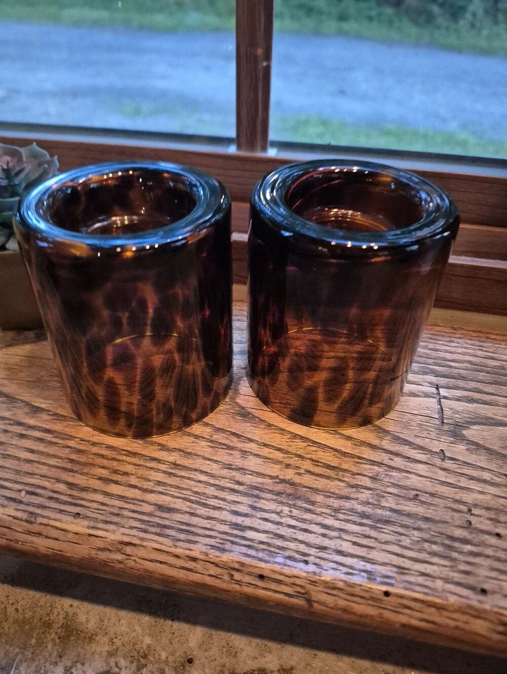 2pc. New Glass Tortoise shell Blown Glass Tealight Candle Holders Set